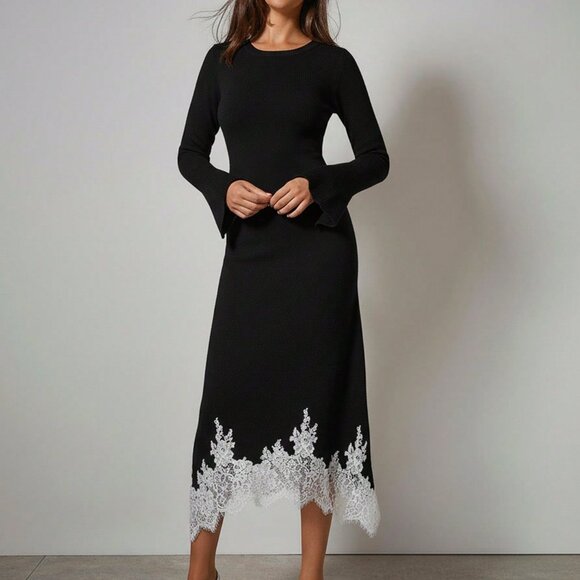 Black Elegant Women's long Flare sleeved Lace detailed Sweater dress - Picture 6 of 7